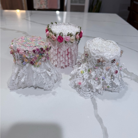 Rare Collectible: 3 Handmade Lace Skirted Tables Miniature